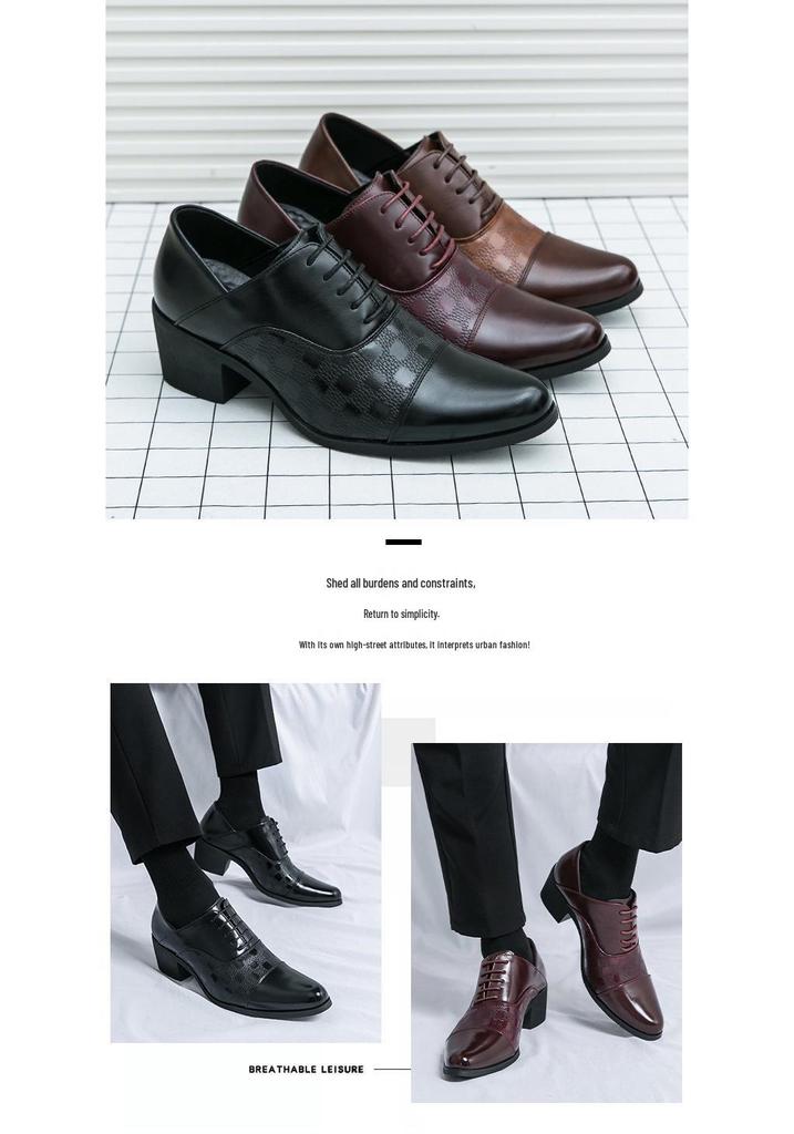 Men's Retro Leather High-Heeled Formal Shoes - Size 46, Pointed Toe, Low-Top, with Height Boost for Business or Wedding