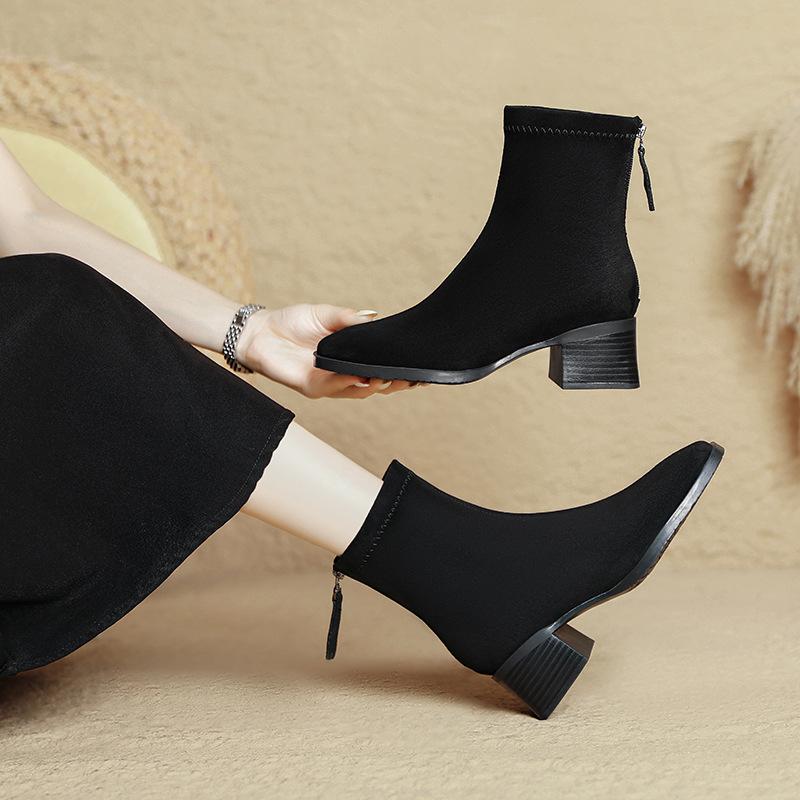 Square head short boots women's spring and autumn single boots 2025 new thick heel medium tube black boots French medium heel thin small short boots