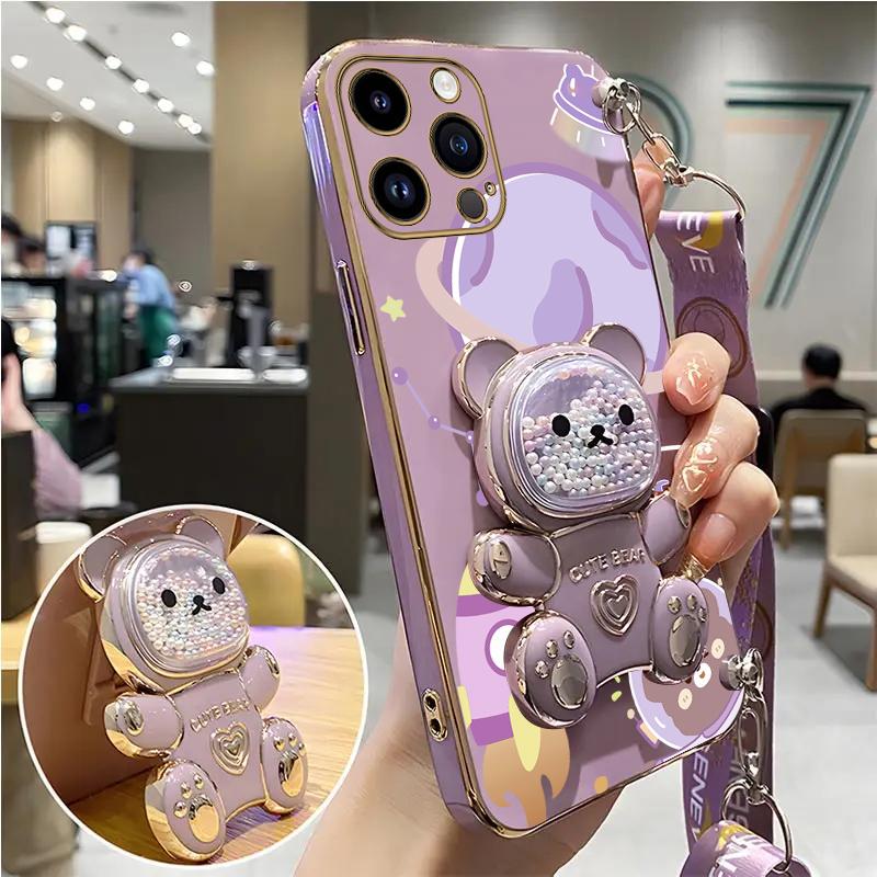 Space Bear Lanyard Holder Case For 14 15 11 12 13 Pro Max Mini 8 7 6 S Plus X Xr Xs Max Crossbody 15pro Strap Stand Cover