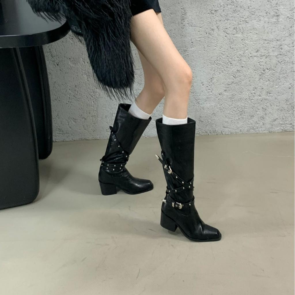 Korean Fashion Boots Feel Belt Buckle Small Thick Heel High Boots Children But Knee High Heel Thin Boots