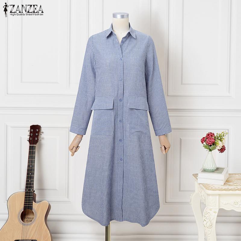 ZANZEA Women Casual Turn Down Collar Loose Long Sleeve Stripe Dress