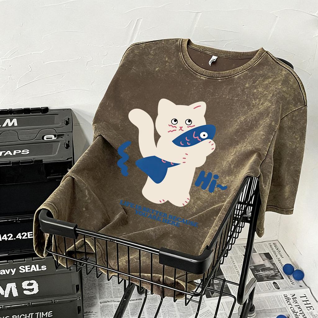 2026 Summer American Retro Men’s Washed Short Sleeve T-shirt - Trendy Loose Fit with Vintage Print