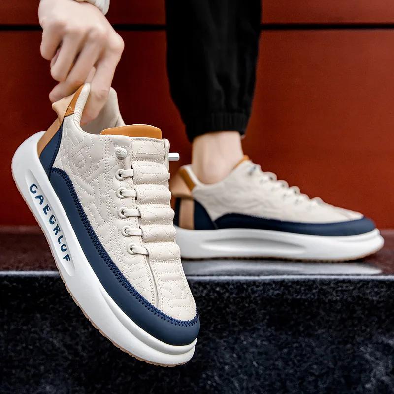 Fashion Men's Vulcanized Shoes Genuine Leather Casual Shoes Luxury Men's Flat Shoes Men's Non-slip Thick-soled Sneakers Tenis De Hombre