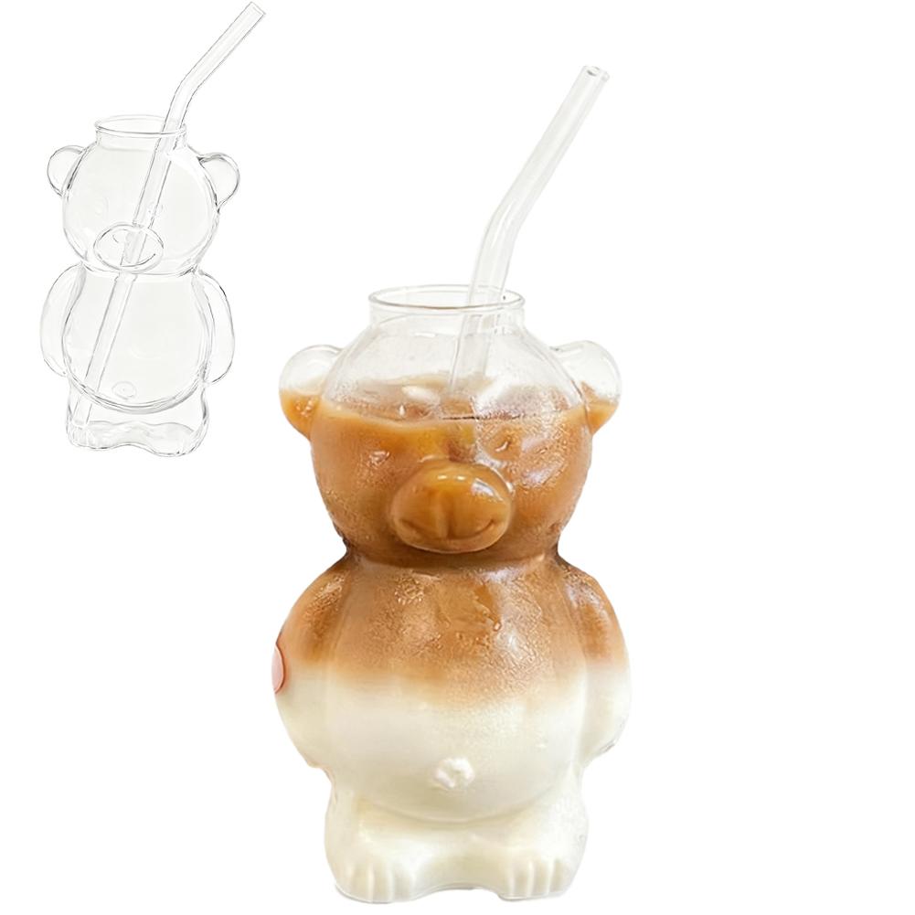 2-Pack 320ml High Borosilicate Glass Bear Shaped Straw Cup Cute Cartoon Beverage Cups for Coffee Juice Milk Tea
