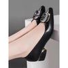 Square Head Buckle Thick Heel Single Shoes Women's Autumn New Versatile Light Mouth Middle Heel Work Four Seasons Shoes Ladyshoes Doudou Shoes