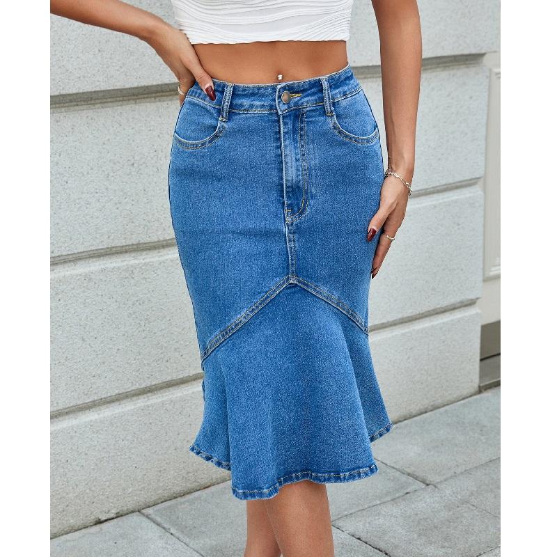 Women High Waist Denim Skirts Knee Length Stretch Jeans Ruffles Skirt