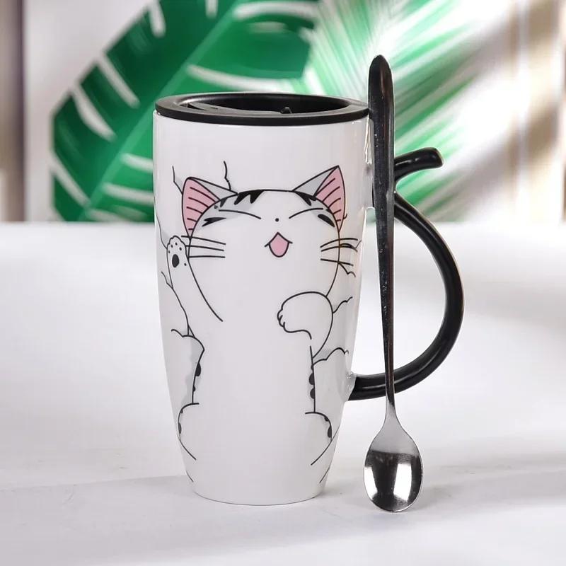 600ml Cute Cat Ceramics Coffee Mug with Lid Large Capacity Animal Mugs Creative Drinkware Coffee Tea Cups Novelty Gifts Milk Cup