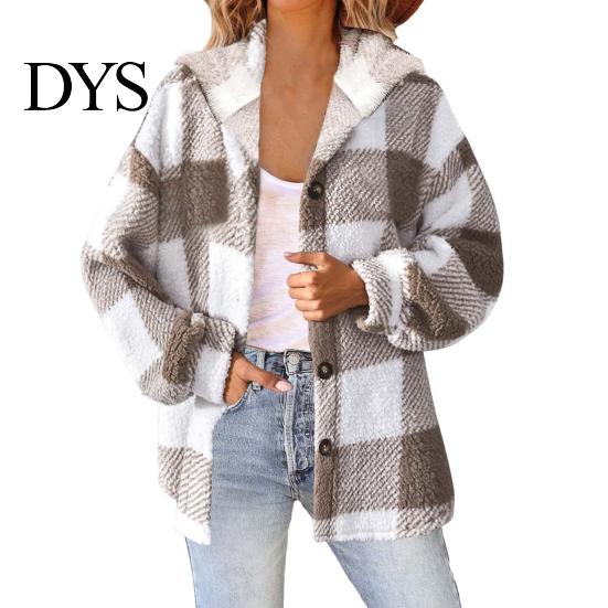 Women Jacket Lady Winter Coat Plush Lined Flannel Conrast Color Plaid Print Design Outerwear Hooded Single-breasted Thick Loose Long Sleeves Casual