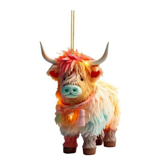 Christmas Cow Ornament Xmas Tree Cartoon Highland Cow Hanging Decorations 2D Flat Acrylic Pendant for Car Rearview Mirror Tree Decor