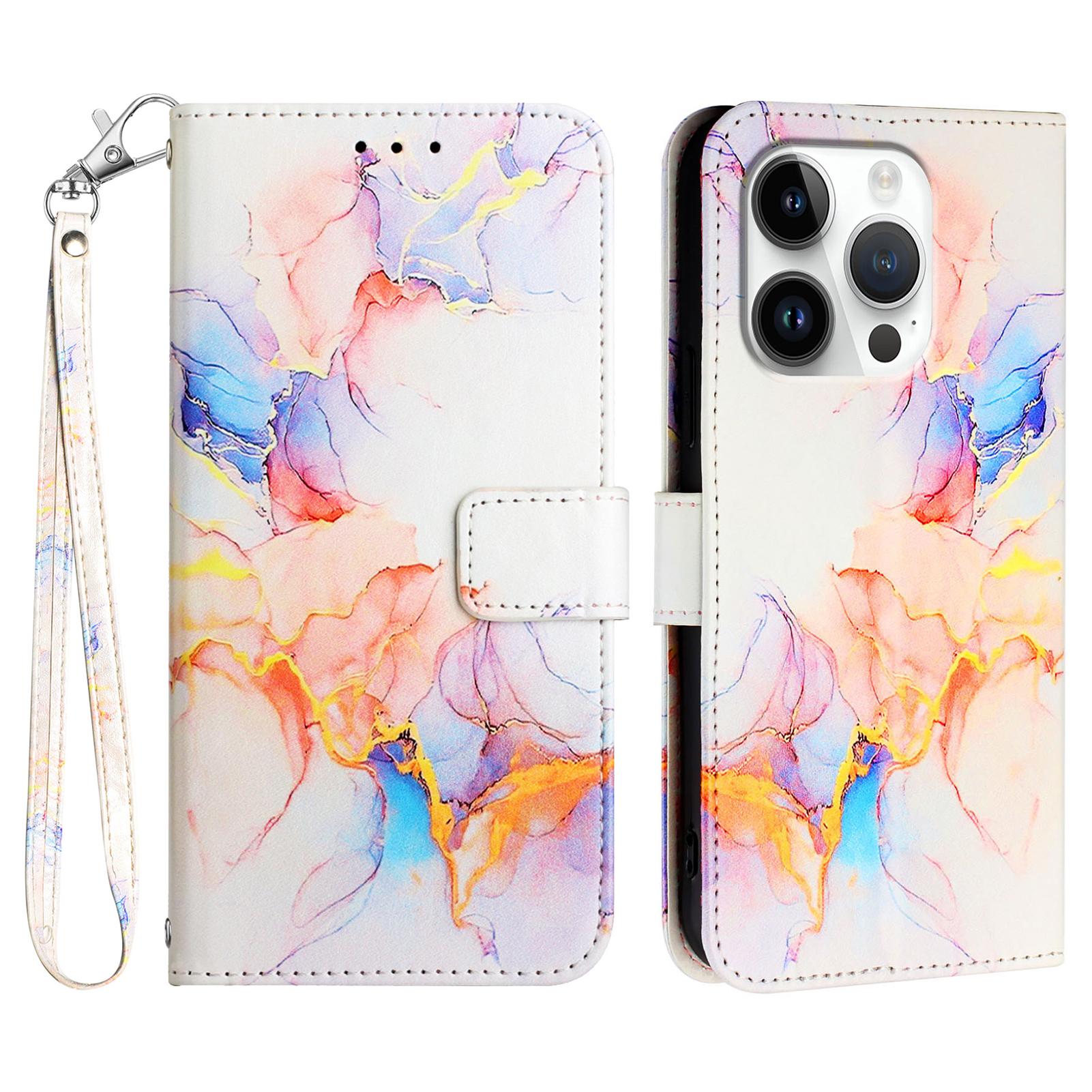 

For iPhone 16 Pro Max Case with Strap Marble Pattern Leather Phone Cover Card Holder C