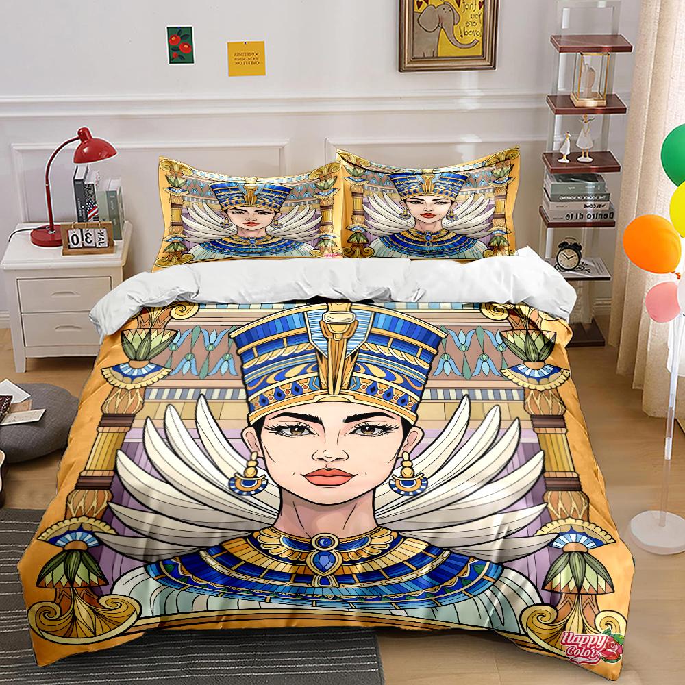 Egyptian-style ornate portrait Bedding Set for Kids Luxury Gift 3pcs Digital Print Comforter Set Soft Comfortable Breathable