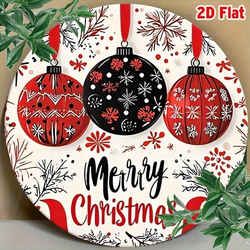 2D Metal Christmas Ball Ornament, 3.15 Inch Iron Wall Decor, Snowflake Design with Merry Christmas Lettering