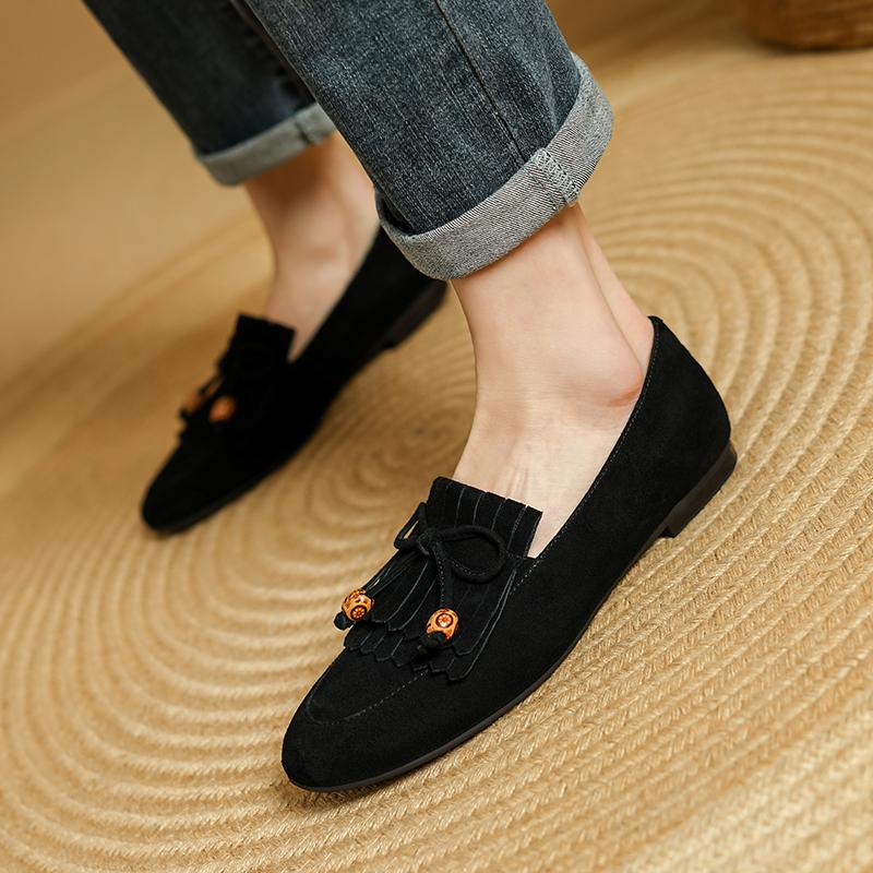 Fashion Suede Loafers Women Slip-On Butterfly Knot Flats Shoes Genuine Leather Ballets Flats Shoes for Women Moccasins Leather Shoes