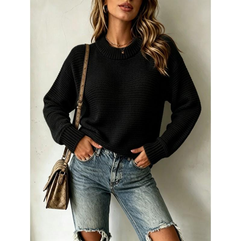 Womens Loose Knit Sweater Pullover Round Neck Solid Color Long Sleeve Casual Top Winter