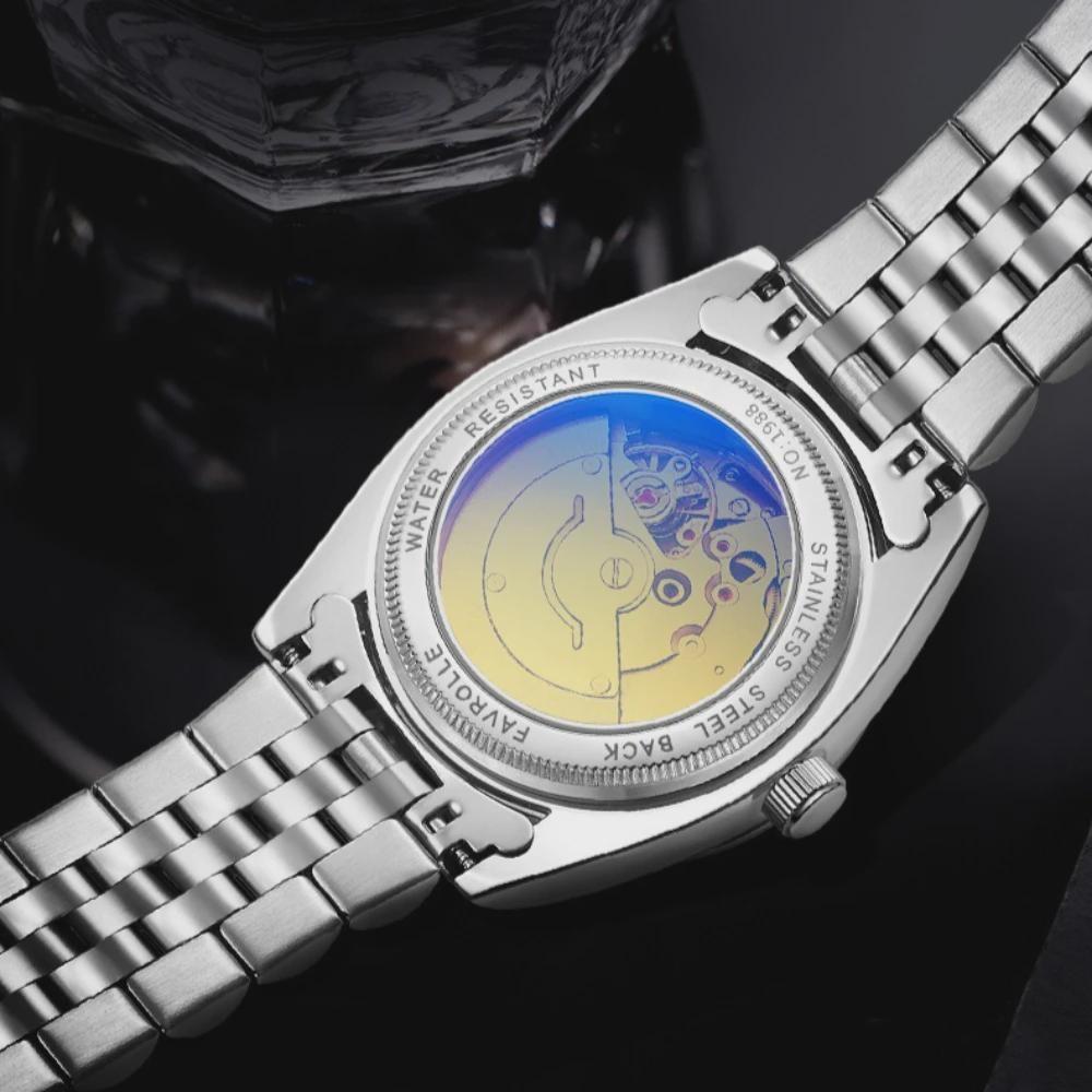 Herren Automatische Mechanische Uhr Weiß Perlmutt Zifferblatt Diamant Römische Ziffern Kalender Datum Edelstahl Armbanduhr