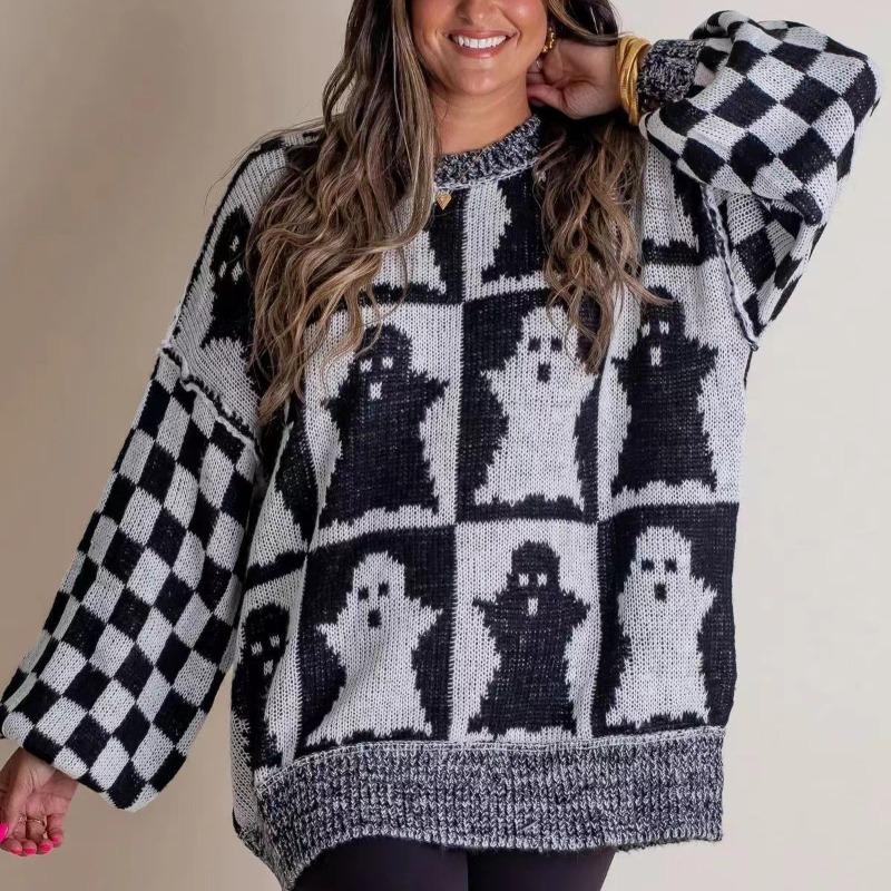 

Модный свободный осенний свитер с длинным рукавом на Хэллоуин для женщин, элегантный повседневный свитер с принтом призрака, зимний женский свитер в стиле ретро, трикотаж большого размера 25369 3XL чёрный