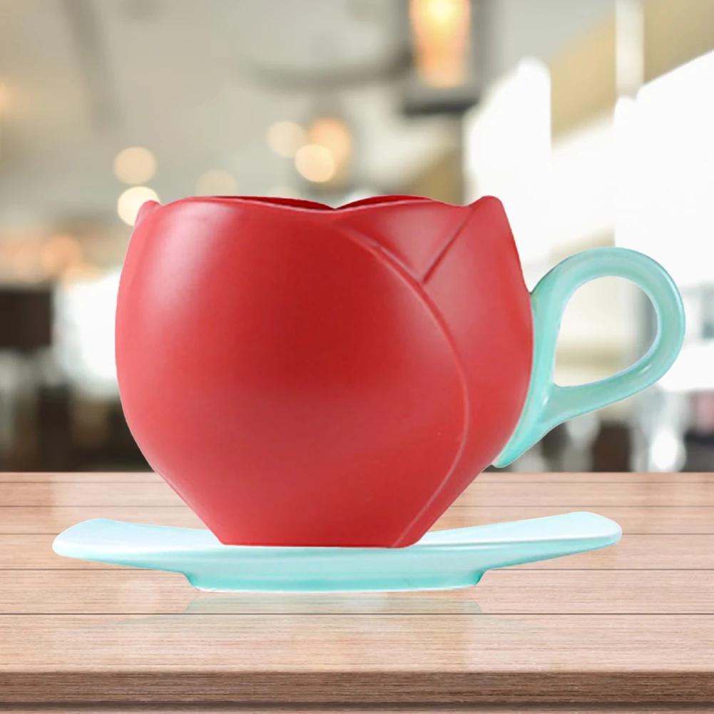 Lovely Tulip Drinking Cup with Saucer Ceramic Tulip Shaped Teacup Creative Vintage Mug Home Afternoon Tea Cappuccino Tableware