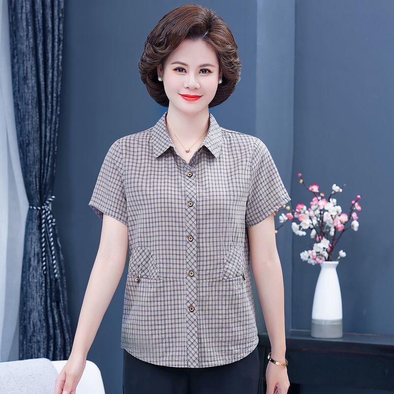 

New Arrival Middle-Aged and Elderly Lady Mom Summer Clothing Shirt Tops Pure Cotton Loose Grandma s Clothes Short Sleeve Gingham Cotton Shirt Blue 2XL