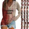 Women's Casual Fashion Snowflake Printed Vintage Casual Print Long Sleeve V-Neck Pullover Top Blouse