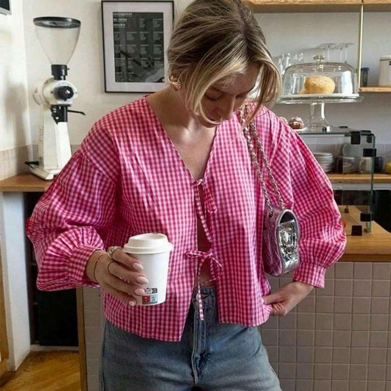 

European and American Personalized New Fashion Loose Bow Gingham Shirt Easiest for Match Casual Sweet Plaid Gingham Tops Women Rose Red L