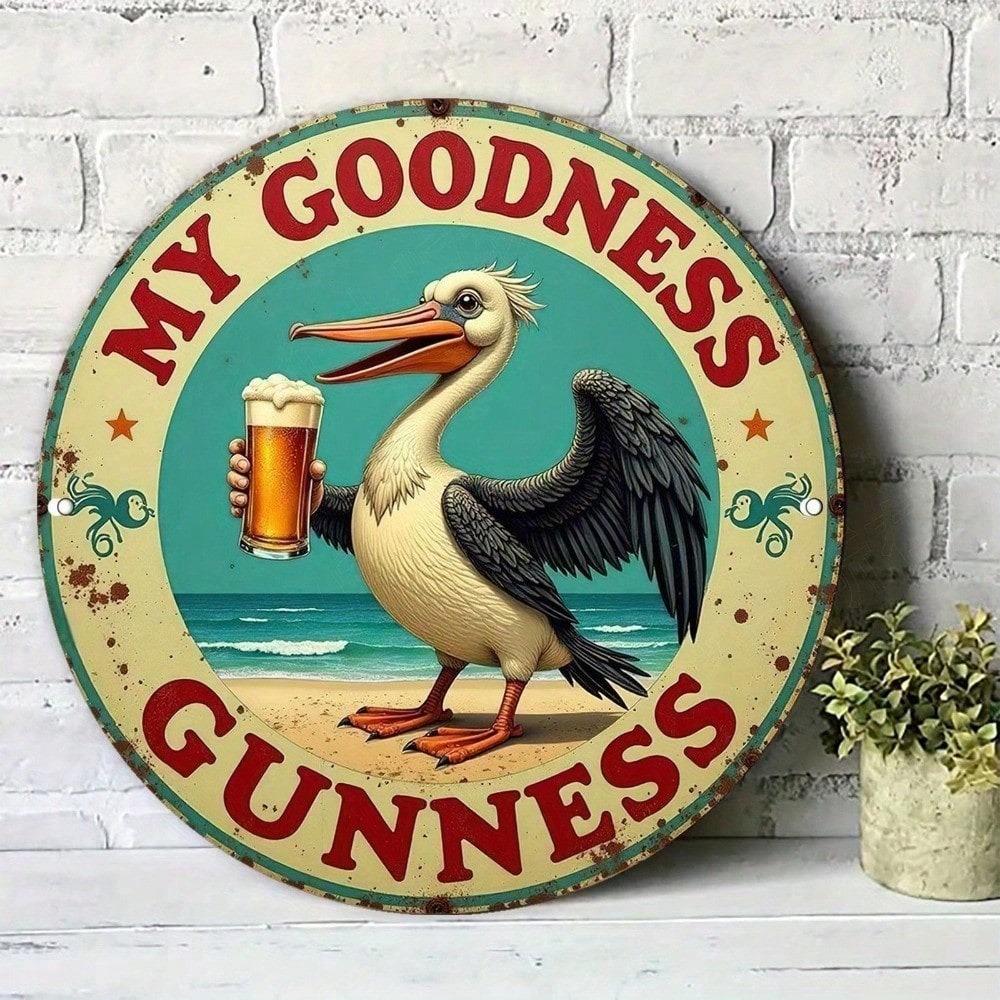 Vintage Metal Tin Sign 20x20cm - Pelican Holding Beer, Round Wall Decor for Bar, Pub, Garage, Man Cave