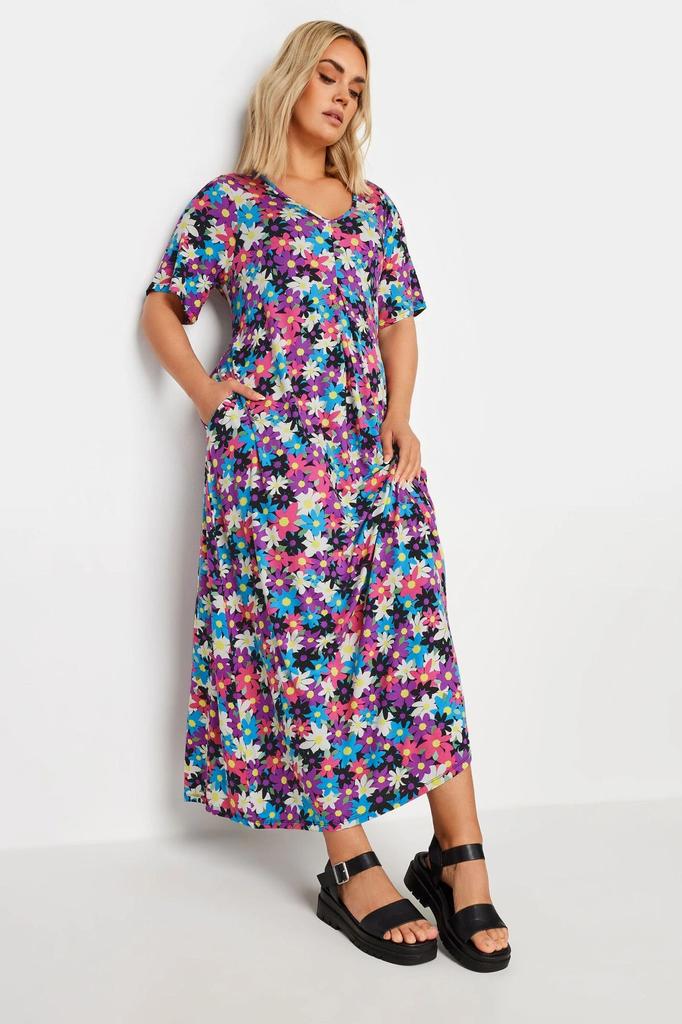 Women's Big Size Dress Plus Size V-Neck Short Sleeve Long Dress with Pockets 137820