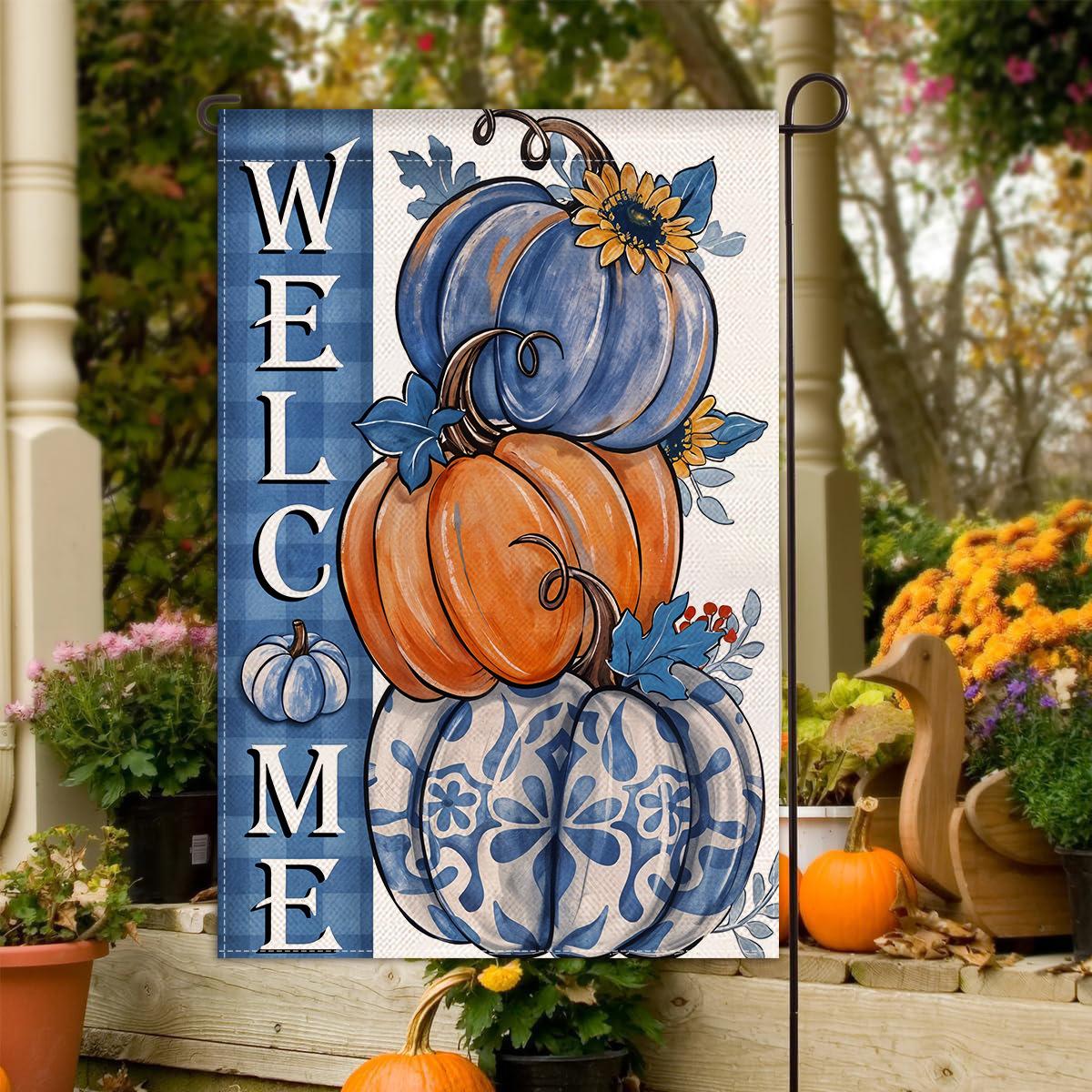 

Thanksgiving Autumn Garden Flag Pumpkin Bow Pattern Linen Print Outdoor Yard Decoration Flag 30 * 45Cm double