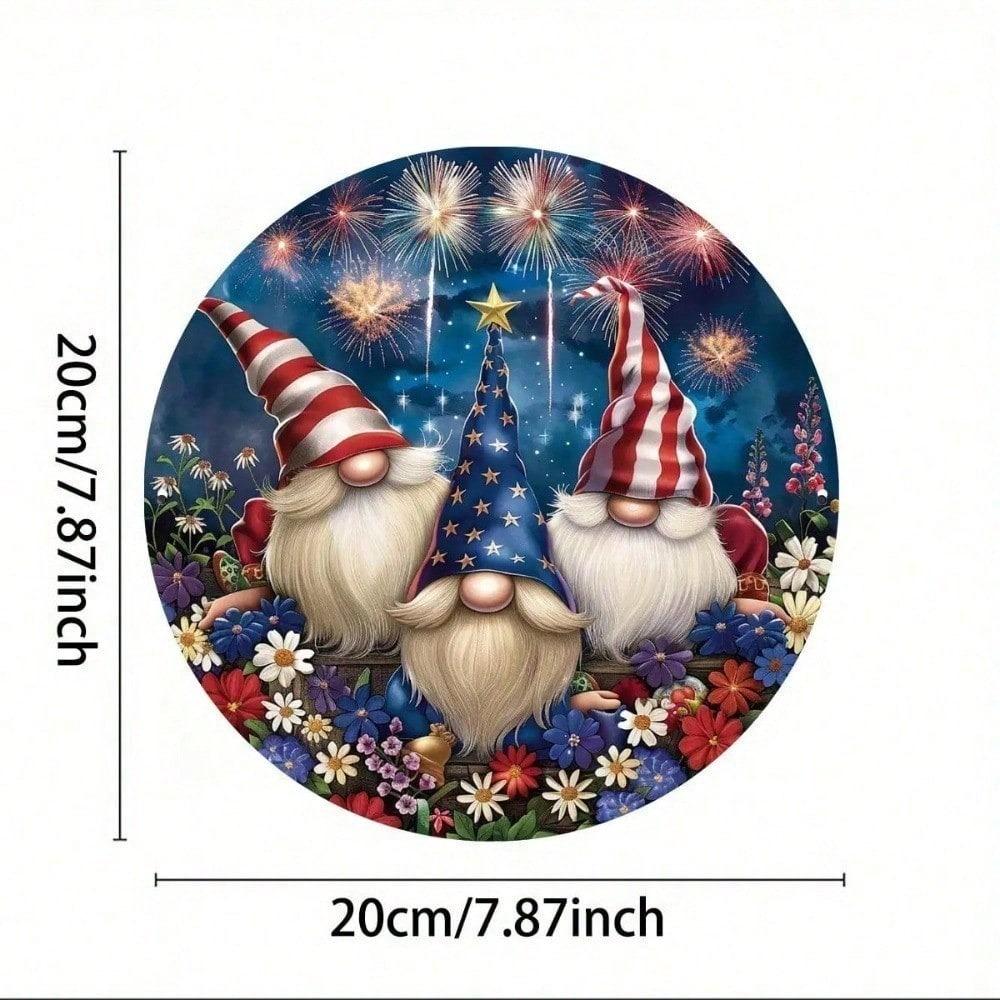 Round Patriotic Metal Wall Art, 8 Inch American Flag Gnome Sign, Farmhouse Front Porch Welcome Décor, Aluminum Home Decoration