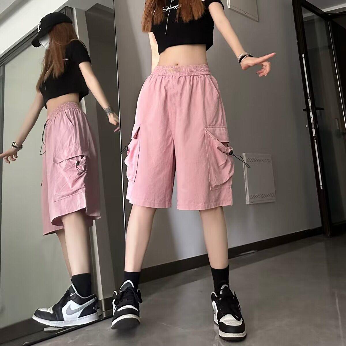 

American Retro High-Waisted Quick-Dry Cargo Bermuda Shorts S (75-90 jin) розовый