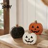 Festive Seasonal Props 3Pcs Halloween Pumpkin Tabletop Decor, Rustic Face Wooden Block Handmade Art Ornaments, Farmhouse Desktop Craft for Home Party