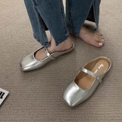 Silver Flat Bottom Baotou Half Slippers Outer Wear 2024 Summer New Mary Jane Mueller Women's Sandals Single Shoes Casual Slides