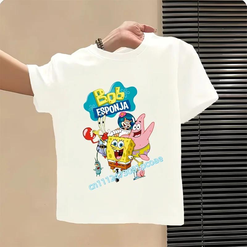 2026 SpongeBob Summer Tshirt for Children  100 Cotton ShortSleeved Boys Sport Shirt  Girls Casual Top with Cartoon Print