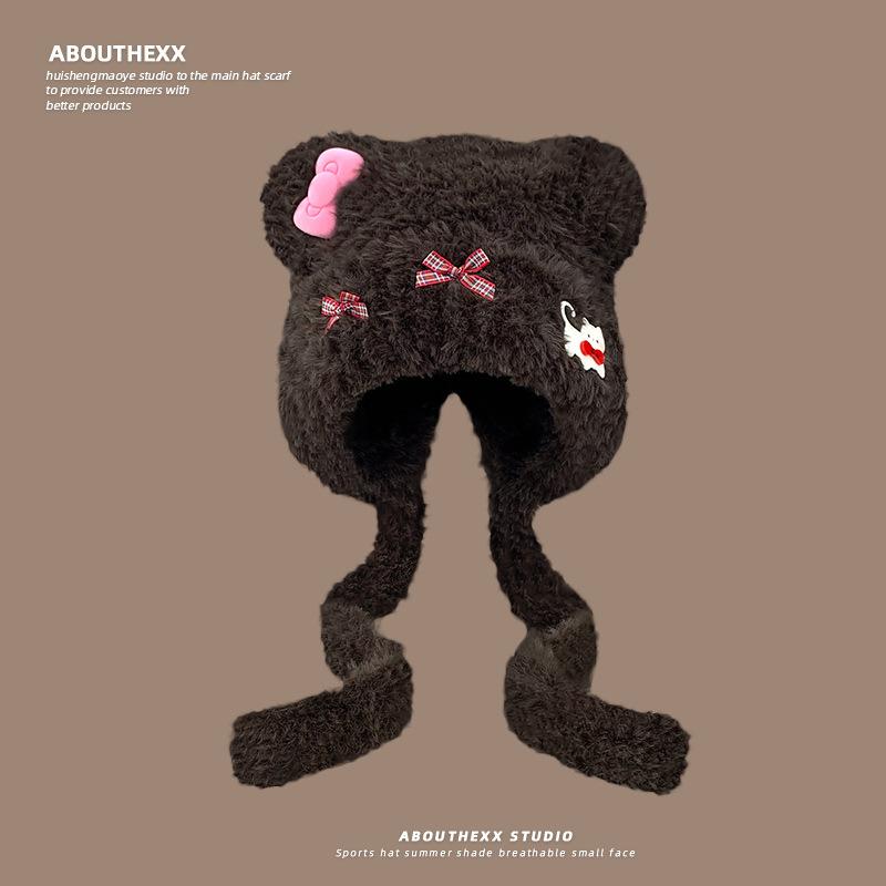 

Милые кошачьи шапки с медвежьими ушками и бантом, женская осенне-зимняя утолщенная теплая плюшевая шапка с защитой ушей, вязаная шапка-ушанка M（56-58cm）