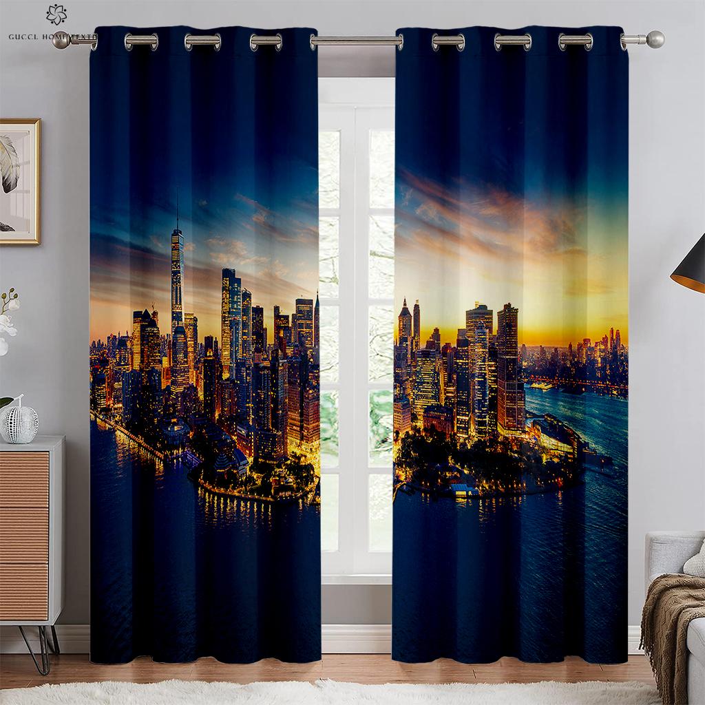 City Building Night View Seaside 3d Printed Curtains Living Room Kitchen Bedroom Decorative Curtains Easy To Wash And Care 2 Pcs