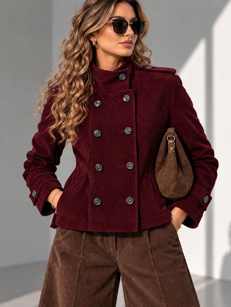 Autumn/winter new women's vintage stand-collar double-breasted corduroy slim short jacket