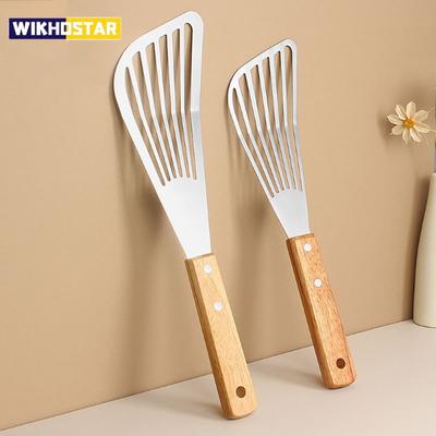 1PC Stainless Steel Fish Frying Shovel with Wooden Handle Fan-shaped Shovel Household High-temperature Frying Shovel