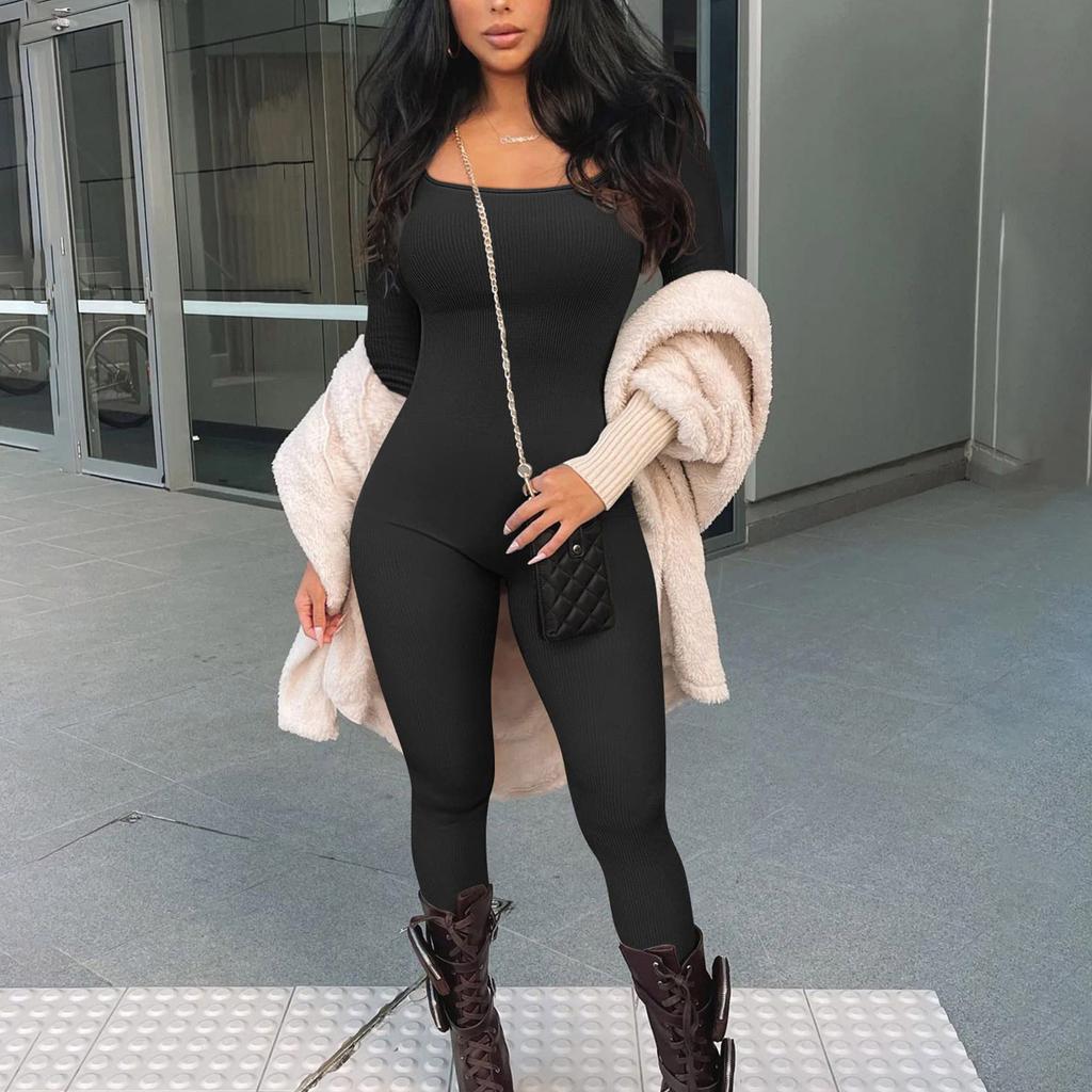 Women's Yoga Romper Long Sleeve Ribbed Square Neck Slim Fit Casual Bodysuit Workout Jumpsuit Long Sleeve Sports Fitness Jumpsuit