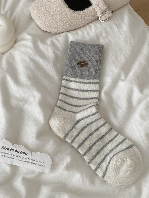 Egg Button Wool Socks Children'S Season Socks Striped Thickened Warm Stacking Socks Winter Confinement Socks