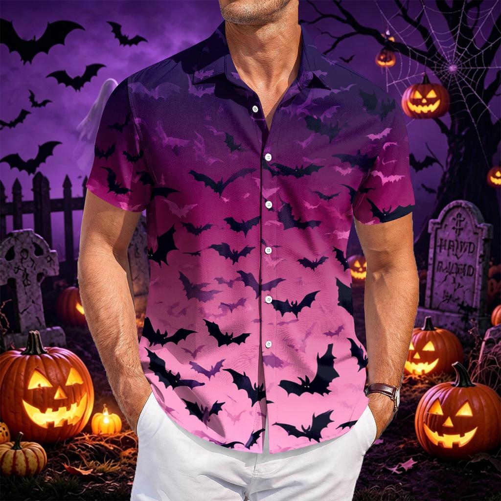 Herren Freizeit Kurzarm Hemd mit Knöpfen Halloween Motiv Fledermausmuster Leichtes Sommerhemd für Strand und Outdoor