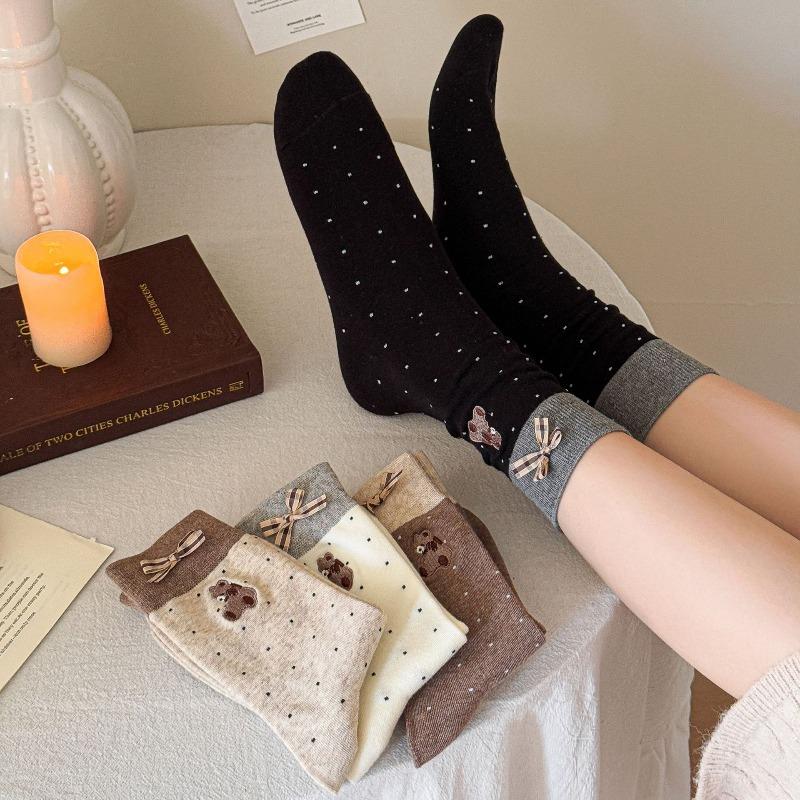 Autumn and Winter Bear Embroidered Bow Cartoon Versatile Mid-calf Socks for Women In Contrasting Colors Cute Cartoon Dot Pile Socks