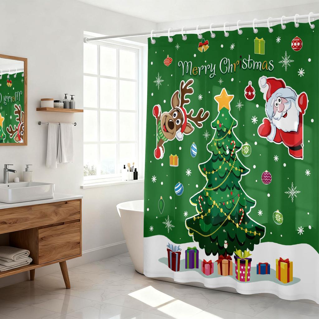 1pc Christmas Tree Cartoon Santa Claus Print Waterproof Shower Curtain Partition Privacy Hanging Curtain 12 Hooks Multiple Sizes
