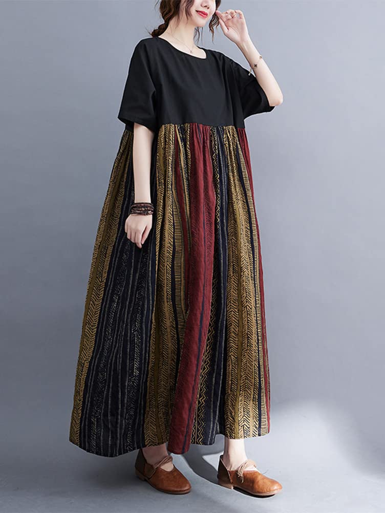 Minesam Summer Floral Print Short Sleeves Free Women's Dress, Two-Tone Design, Oversized, (01 Coffee, Size)