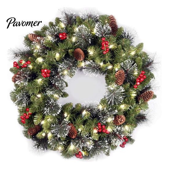 High-quality Christmas Wreath with Light Frosted Artificial Berries And Pine Long-lasting Holiday Decor Cones for Front Door Window Wall Indoor