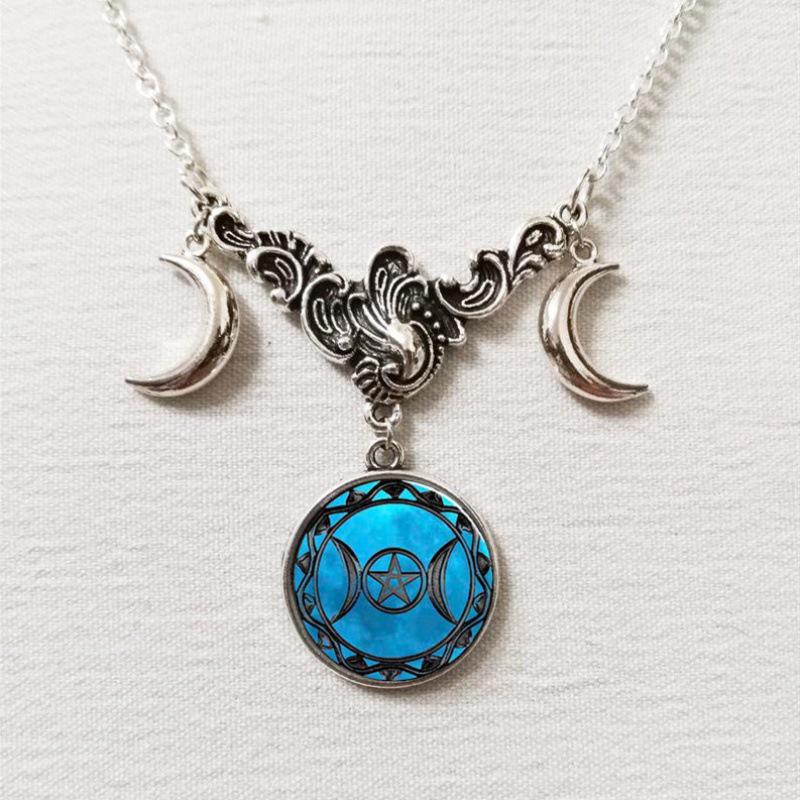 Triple Moon Silver Necklace with Full Moon and Crescent Pendant