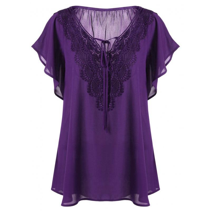 Lace V Neck Loose Women Blouse Large Size Lace-up Short Sleeve Shirts Ladies Solid Color Loose Sweet Office Elegant Fashion Simple Clothing