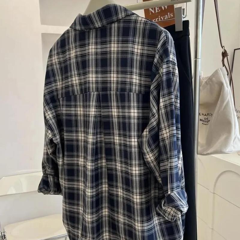 Japanese Vintage Plaid Shirt Spring Thin Women's Long Sleeved Blouse Casual Simple Lapel Blusas Korean Version Loose Fitting Top