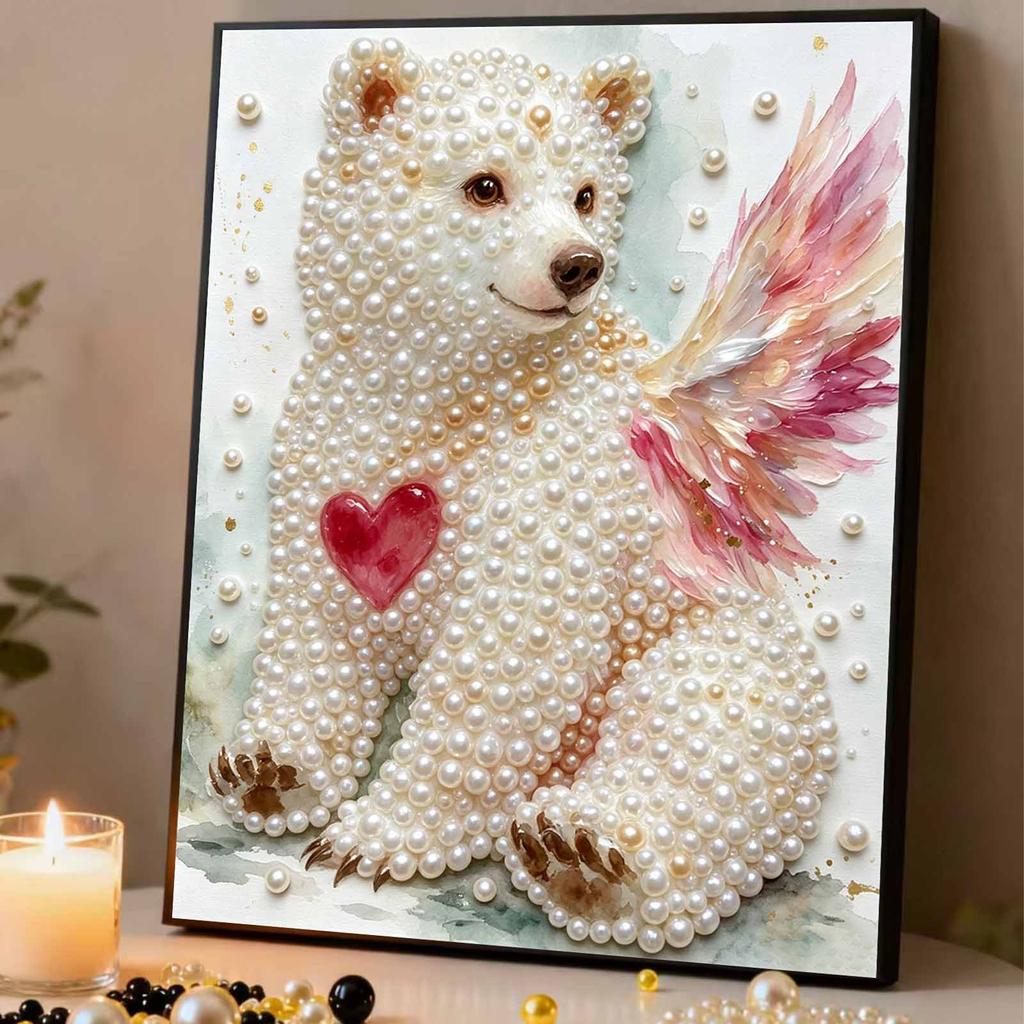 Relaxing DIY Pearl Painting Kit Framed with Winged Bear Heart Design 5D Sparkling Bead Canvas Craft for Girls Bedroom Decor Gift