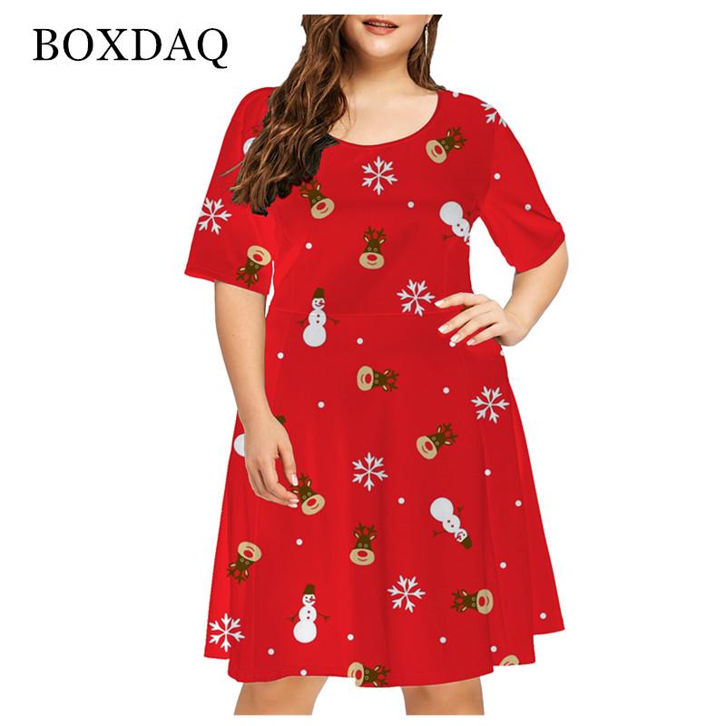 Women Clothing Red Christmas Elk Fashion Funny Cute Short Sleeve Print Snowman Snowflake Loose Dresses