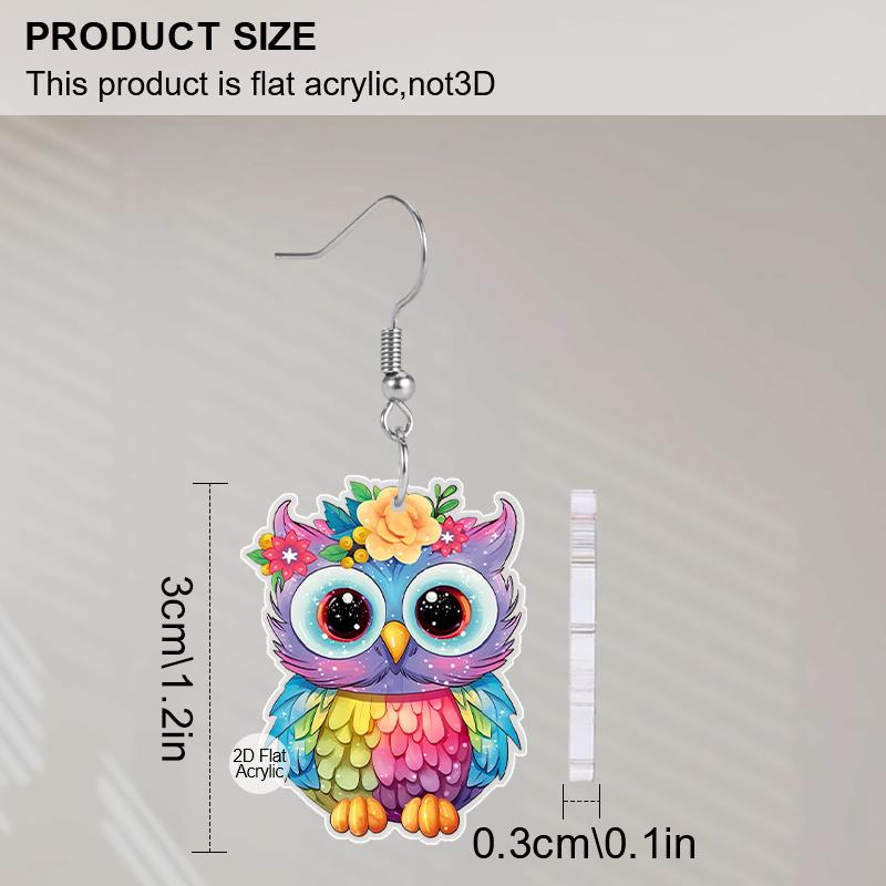 2D Flat Acrylic Cute Christmas Colorful Owl Dangle Earrings, Suitable As A Holiday Gift for Women, Christmas Party Decorative Jewelry.
