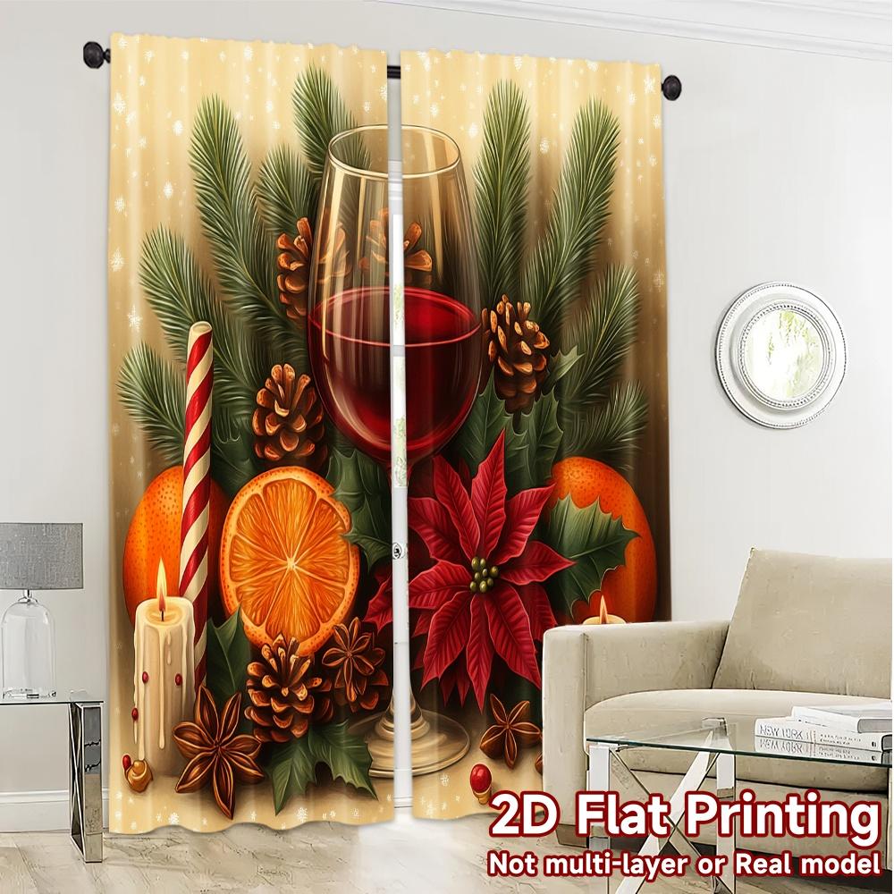 2pcs,Curtains Christmas Cozy Wine Pinecone Poinsettia Popular Creative Curtains Durable 100% Polyester Fabric Curtains Outdoor